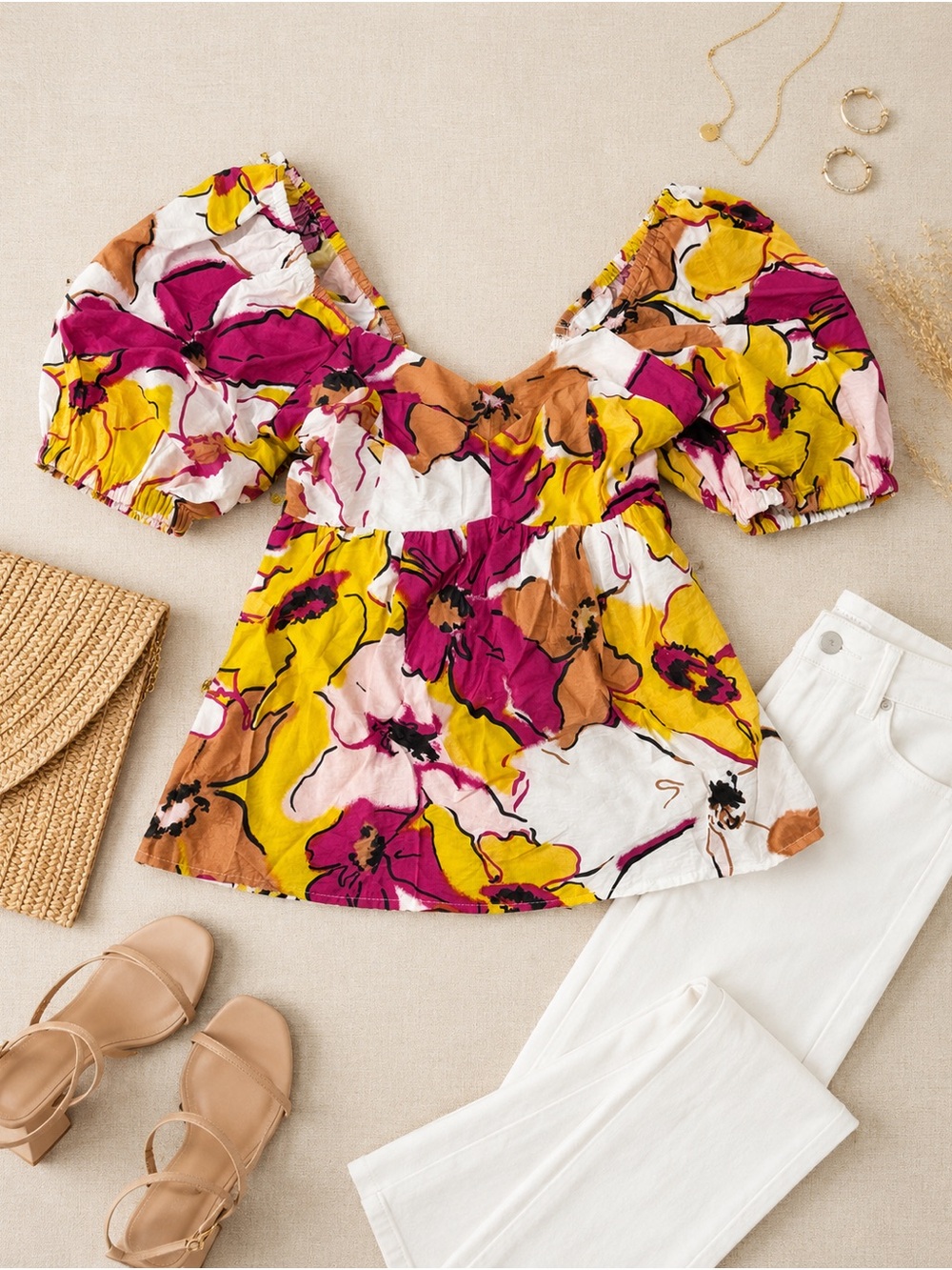 Nine West Floral Puff-Sleeve Square Neck Top — Fuchsia, Yellow & White